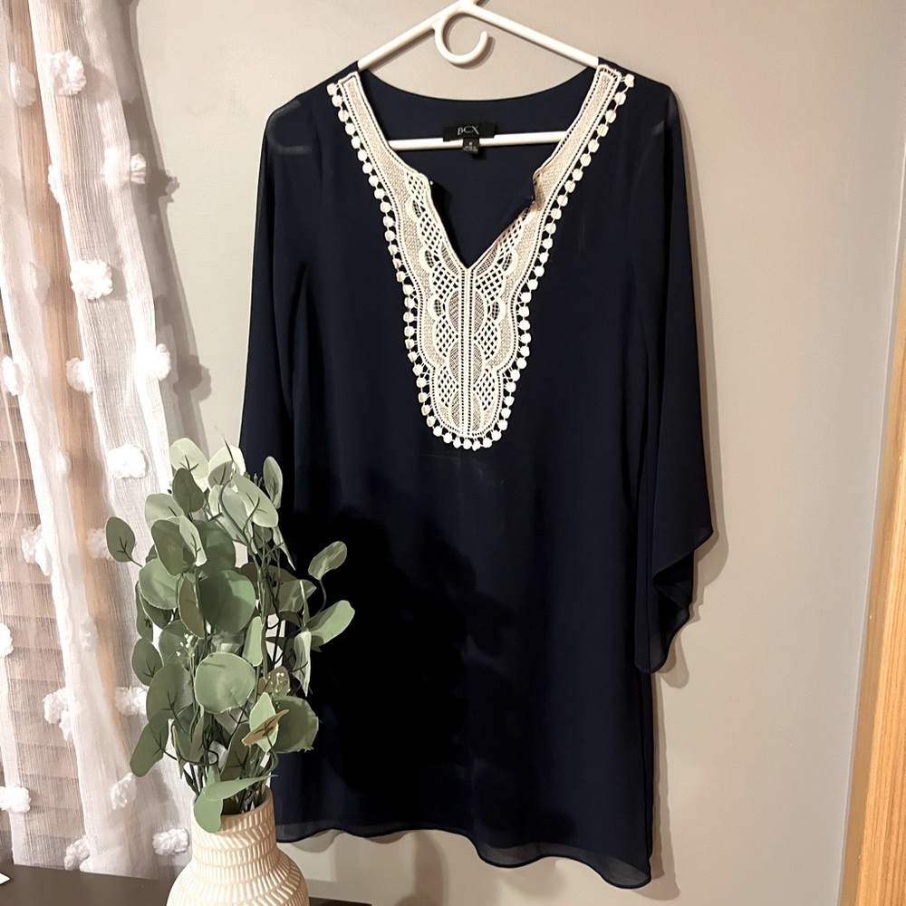 Navy chiffon dress with lace detail